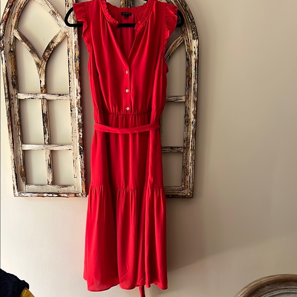 Ann Taylor Red Midi Dress with Scoop Neck and Tie Front